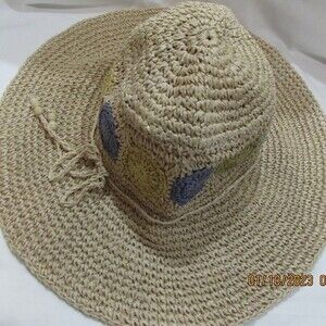 FLOPPY WEAVED SUN HAT BEADED TIE WOVEN CIRCLES SUMMER BEACHY BOHO BIG HAT WOVEN